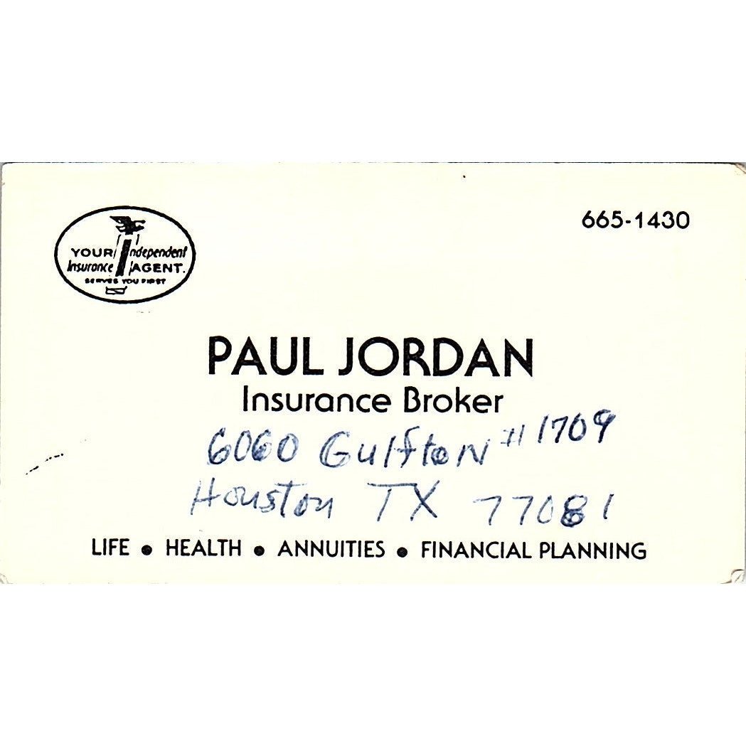 Paul Jordan Ins Broker Houston Vintage Business Card SD9-B6
