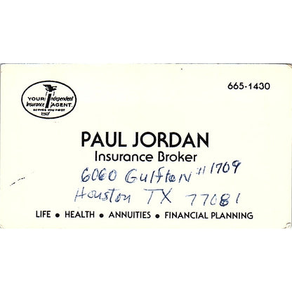 Paul Jordan Ins Broker Houston Vintage Business Card SD9-B6