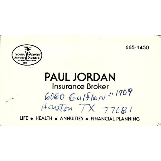 Paul Jordan Ins Broker Houston Vintage Business Card SD9-B6