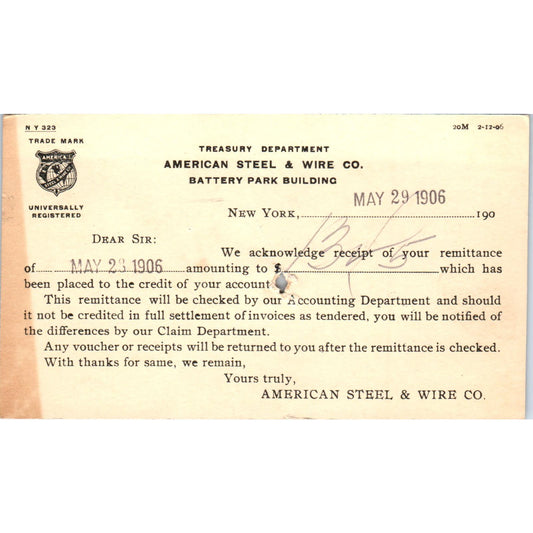 1906 American Steel and Wire Co New York Payment Receipt Postal Card AE8