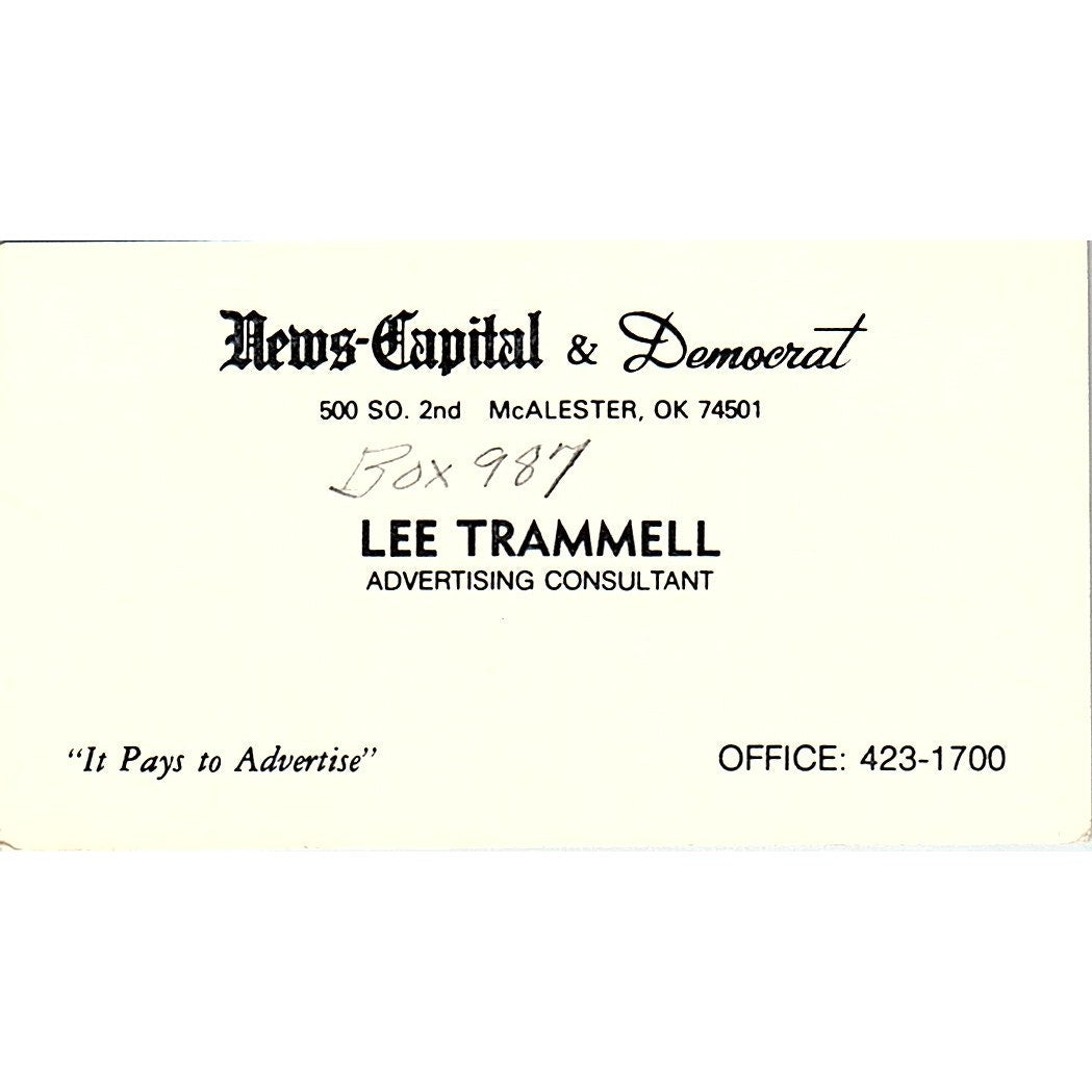 Lee Trammell News-Capital & Democrat McAlester OK Vintage Business Card SE3-B16