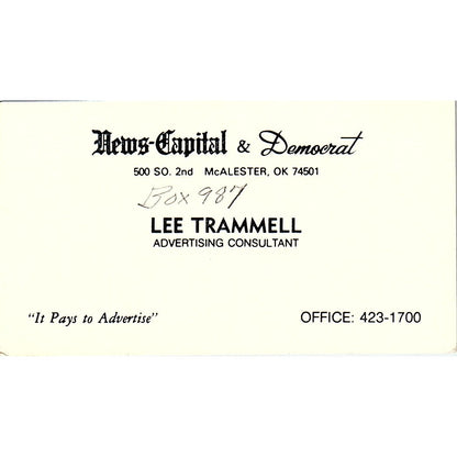 Lee Trammell News-Capital & Democrat McAlester OK Vintage Business Card SE3-B16