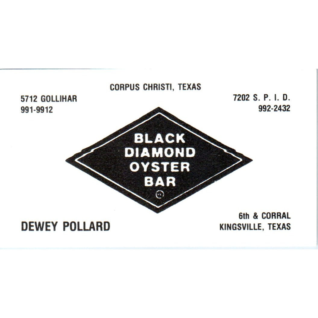 Black Diamond Oyster Bar Dewey Pollard Kingsville Vintage Business Card SD8-B6