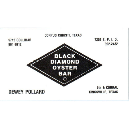 Black Diamond Oyster Bar Dewey Pollard Kingsville Vintage Business Card SD8-B6