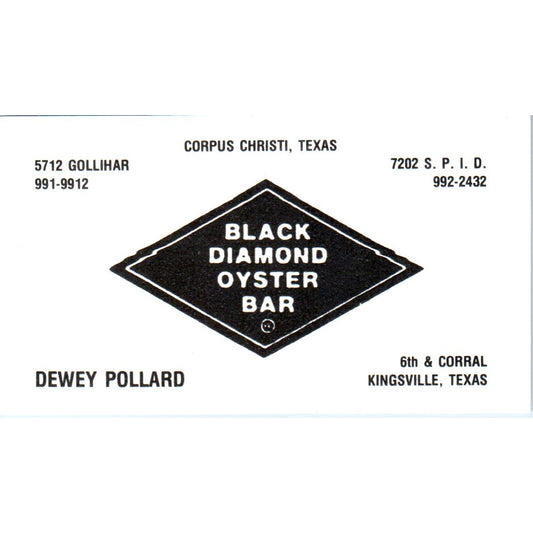 Black Diamond Oyster Bar Dewey Pollard Kingsville Vintage Business Card SD8-B6