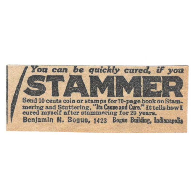 Stammering Cure - Benjamin N Bogue Bogue Building Indianapolis IN 1920 Ad AG2-S9