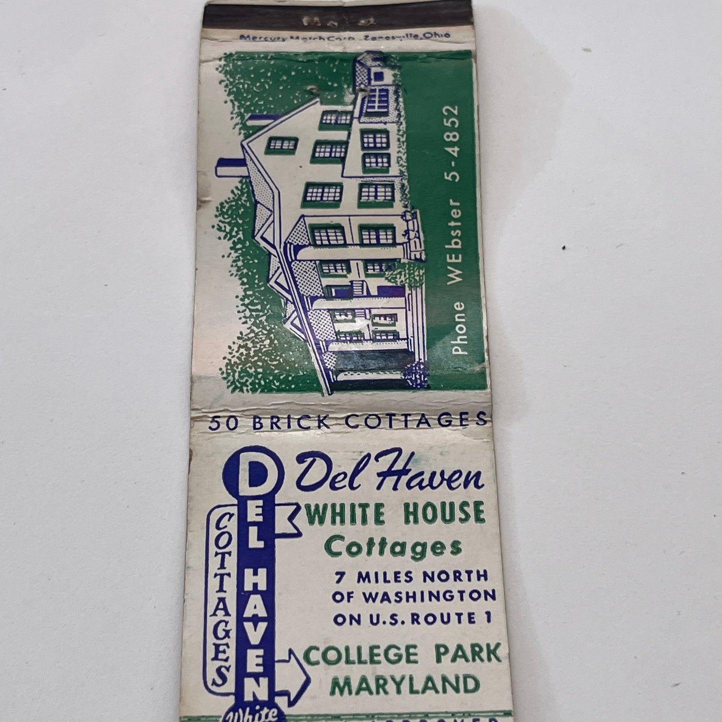Del Haven White House Cottages College Park MD Vintage Matchbook Cover TB8-MB-14