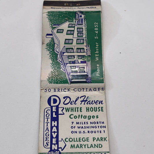 Del Haven White House Cottages College Park MD Vintage Matchbook Cover TB8-MB-14