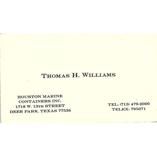 Thomas H Williams Houston Marine Deer Park TX Vintage Business Card SC9-B4