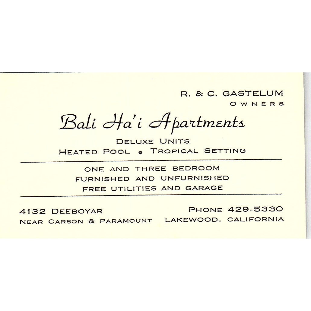 Bali Ha'i Apartments R&C Gastelum Lakewood CA Vintage Business Card SE3-B15
