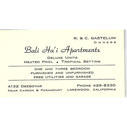 Bali Ha'i Apartments R&C Gastelum Lakewood CA Vintage Business Card SE3-B15