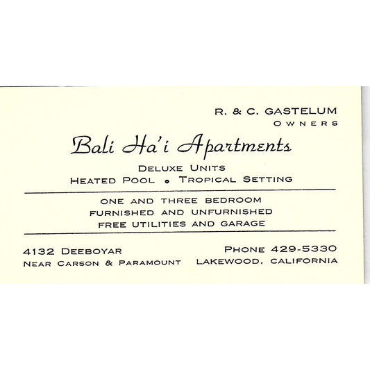 Bali Ha'i Apartments R&C Gastelum Lakewood CA Vintage Business Card SE3-B15