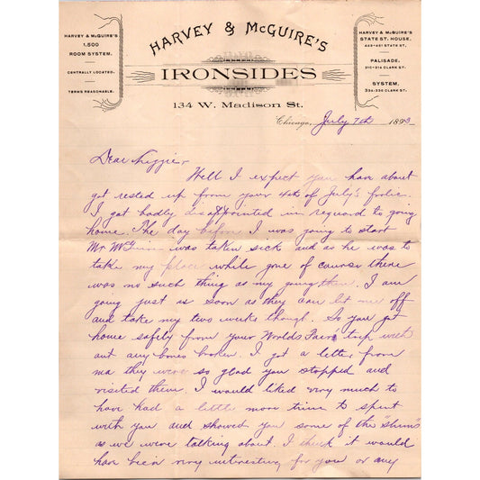 1893 Harvey & McGuire's Ironsides Madison St. Chicago Billhead J16