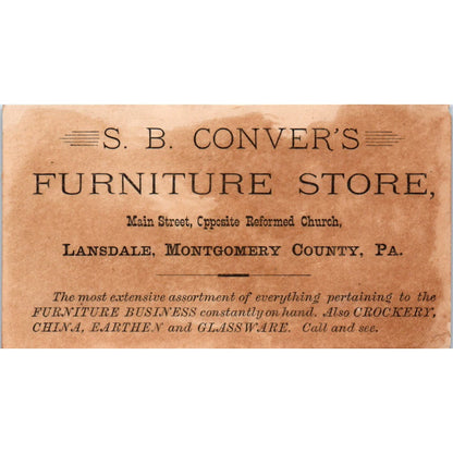 S.B. Conver's Furniture Lansdale Montgomery Co PA c1880 Victorian Trade Card AE5