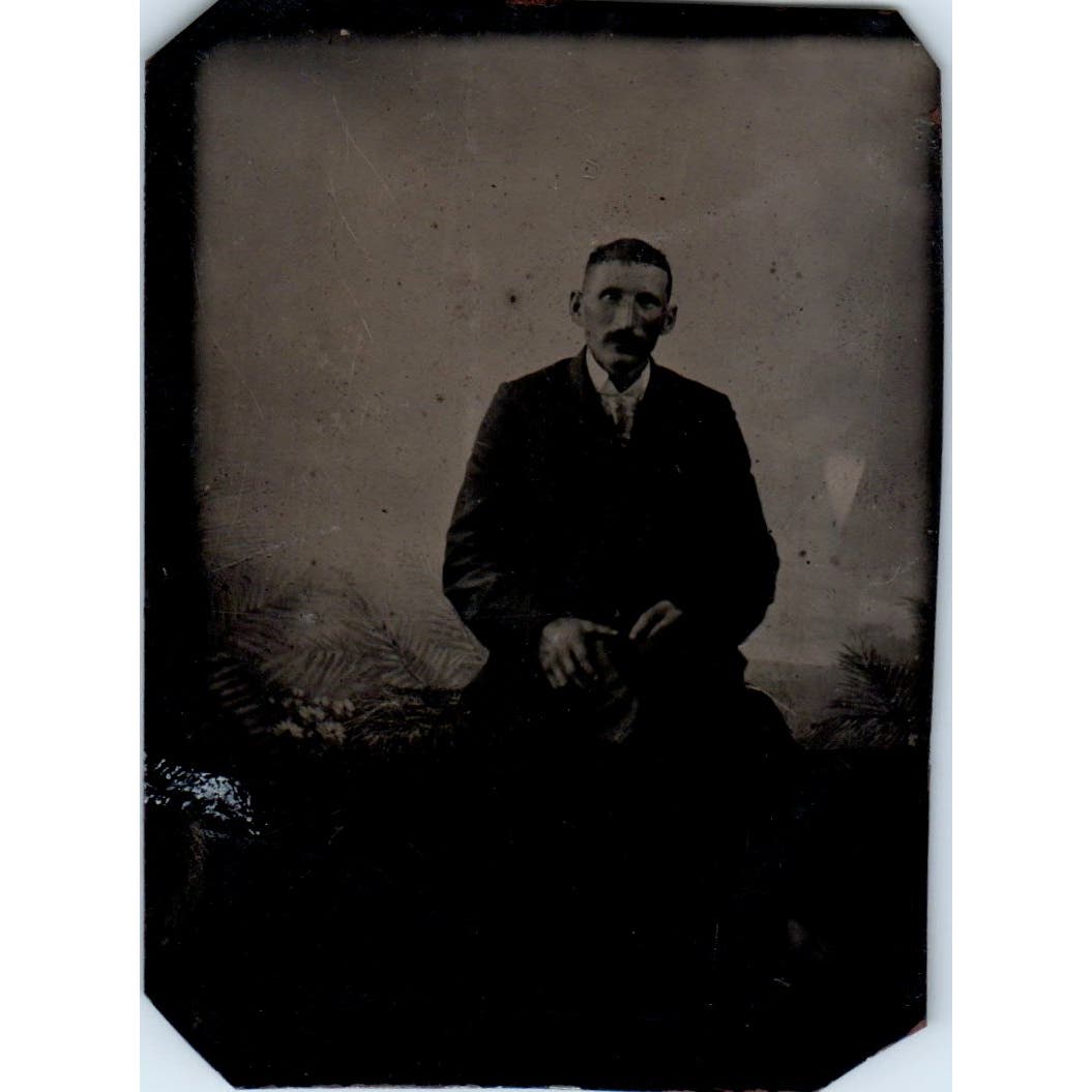 c1860 Tintype Photograph of Man With Moustache Holding Hat 2x3" AE6