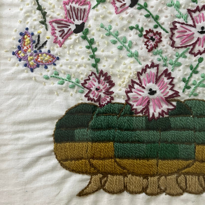 Vtg Framed Needlework Crewel Wool Embroidered Basket of Flowers Floral 15x15"