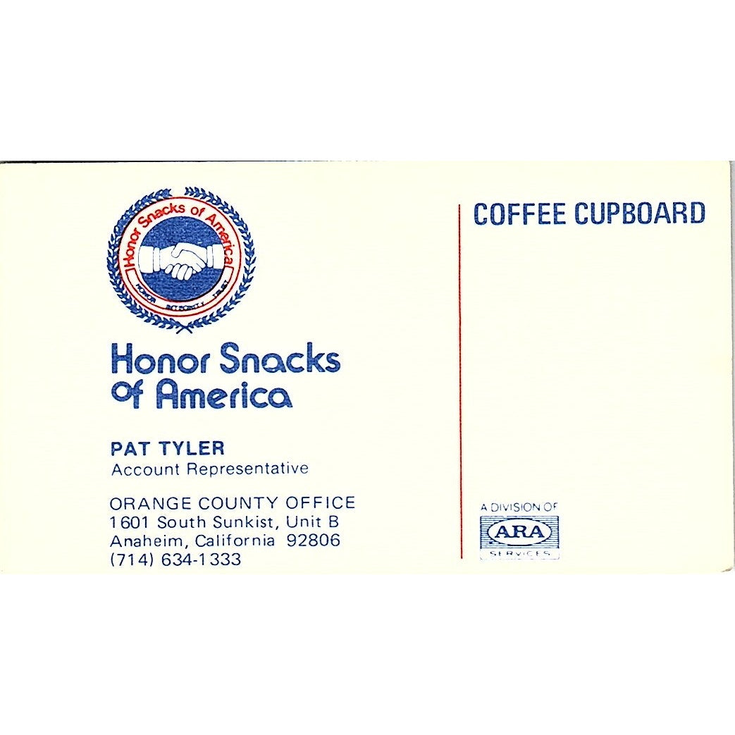 Pat Tyler Honor Snacks of America Anaheim Vintage Business Card SD9-B10