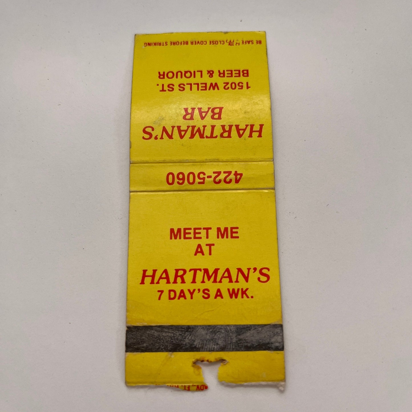 Hartman's Bar 1502 Wells St Fort Wayne IN Vintage Matchbook TB6-MB2-15