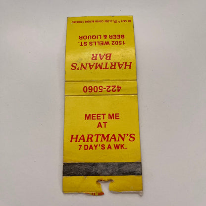 Hartman's Bar 1502 Wells St Fort Wayne IN Vintage Matchbook TB6-MB2-15