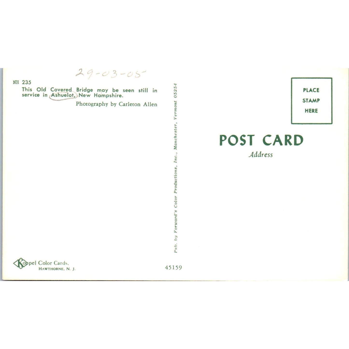 Old Covered Bridge in Ashuelot NH Covered Bridge Postcard PC4