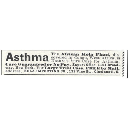 Kola Importing Co African Kola Plant Asthma Treatment Cincinnati 1892 Ad AG2-S23