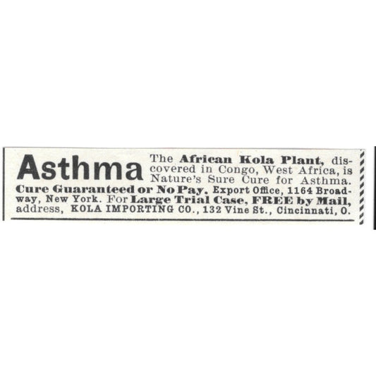 Kola Importing Co African Kola Plant Asthma Treatment Cincinnati 1892 Ad AG2-S23