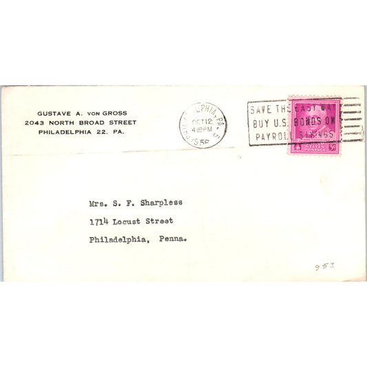 1956 Gustave A. Von Gross Philadelphia Postal Cover Envelope TG7-PC1