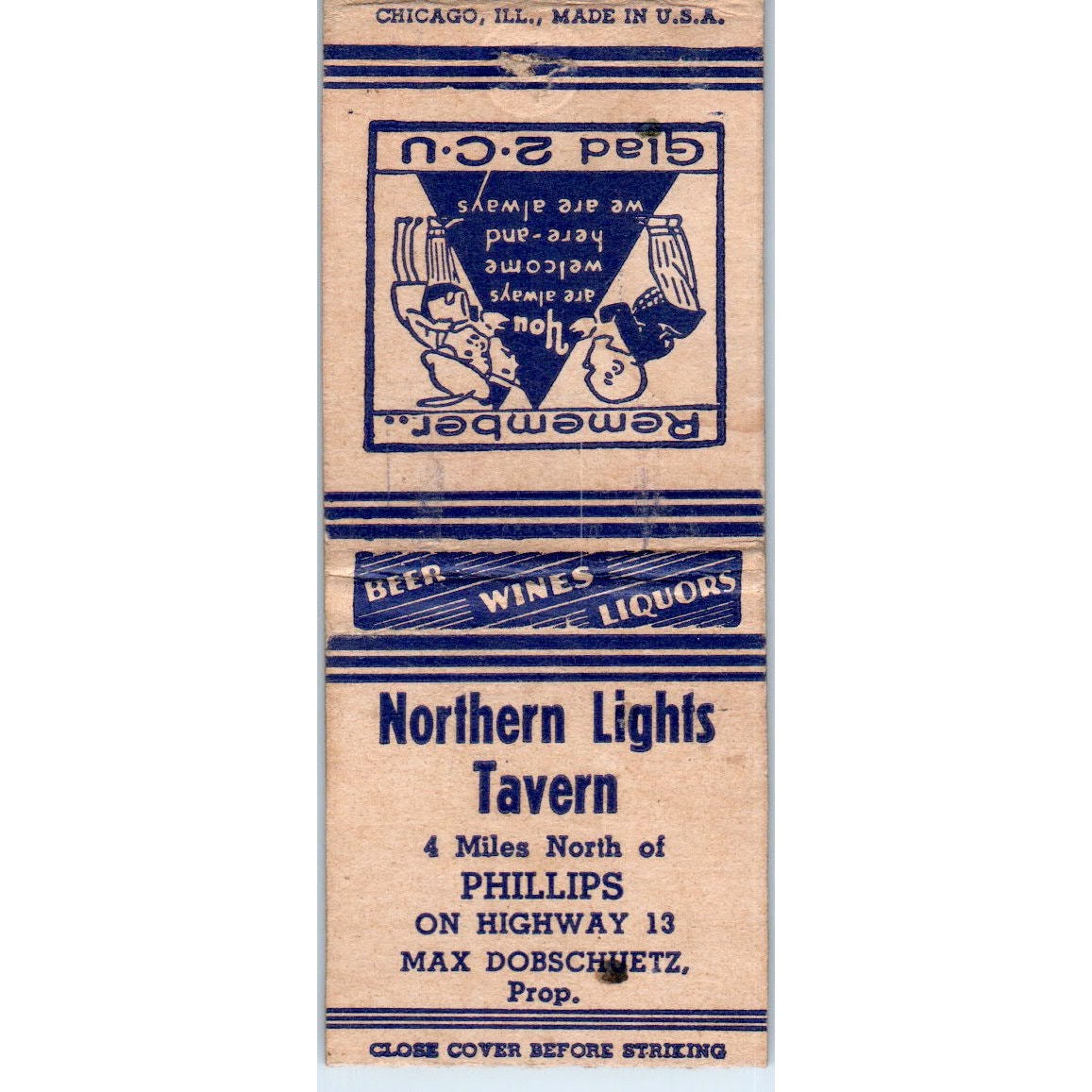 Northern Lights Tavern Max Dobschuetz Phillips WI Vintage Matchbook Cover SD4-Y9