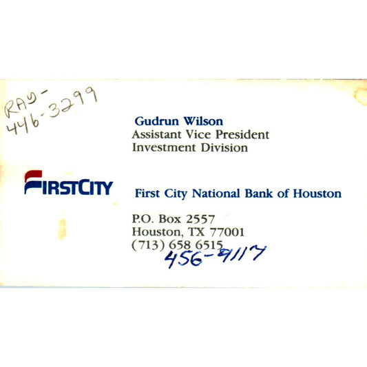 Gudrun Wilson First City Bank Houston Vintage Business Card SE3-B8
