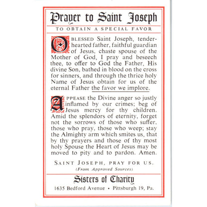 Prayer to Saint Joseph Sisters of Charity Pittsburgh Vintage Prayer Card TH2-PC1