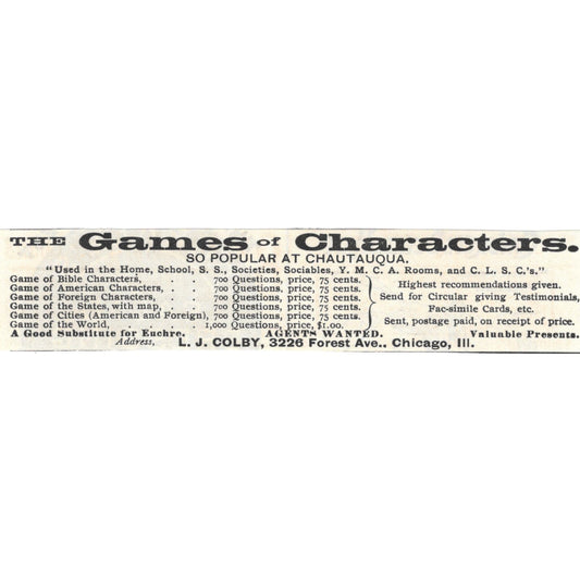 Games of Characters L.J. Colby Forest Ave. Chicago c1890 Victorian Ad AE8-CH13