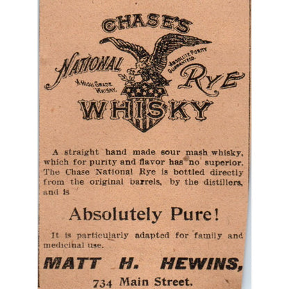 Chase's National Rye Whiskey Matt H. Hewins Hartford 1901 Newspaper Ad AD8-HS3