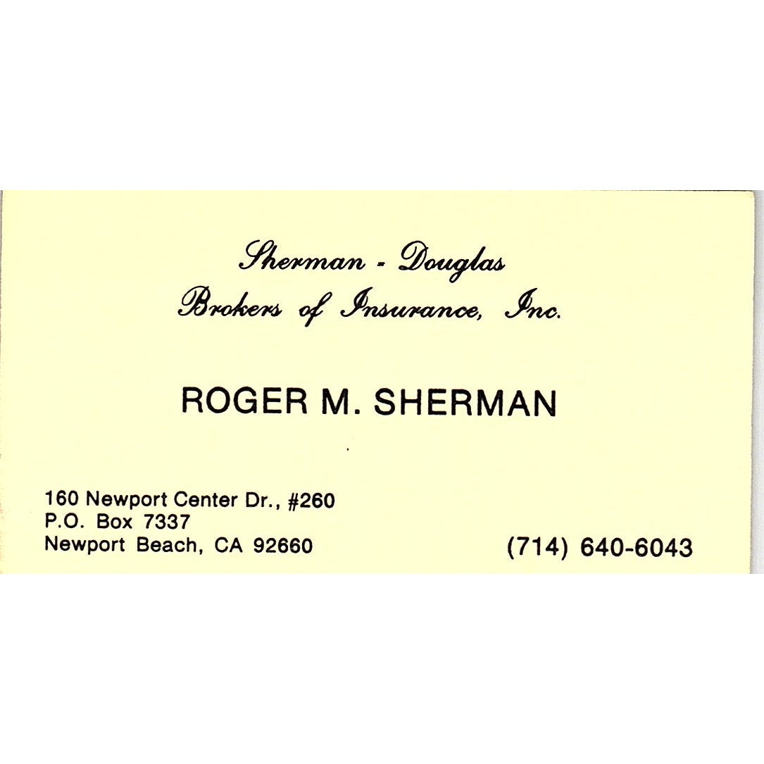 Roger M. Sherman - Douglas Ins Newport Beach CA Vintage Business Card SD9-B10
