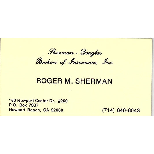 Roger M. Sherman - Douglas Ins Newport Beach CA Vintage Business Card SD9-B10