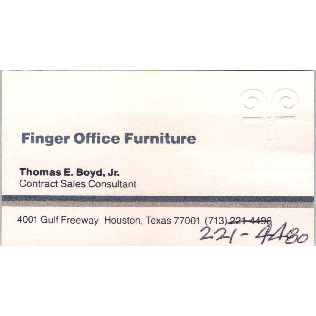 Thomas E. Boyd Jr Finger Office Furniture Houston Vintage Business Card SD8-B20