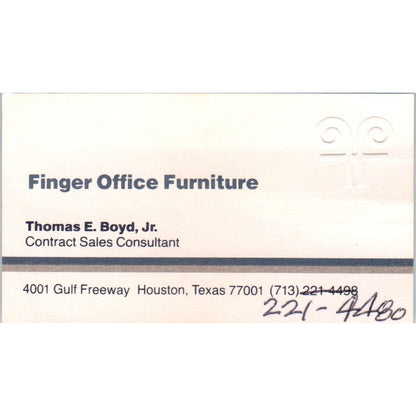Thomas E. Boyd Jr Finger Office Furniture Houston Vintage Business Card SD8-B20