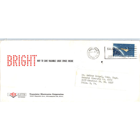 1962 Bright Transistor Electronics Corp Arthur Siegel Postal Cover Envelope TH9-L2