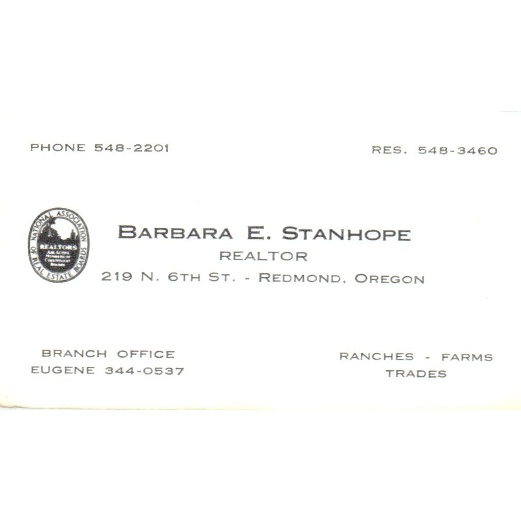 Barbara E. Stanhope Realtor Redmond OR Vintage Business Card SD8-B2