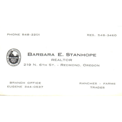 Barbara E. Stanhope Realtor Redmond OR Vintage Business Card SD8-B2