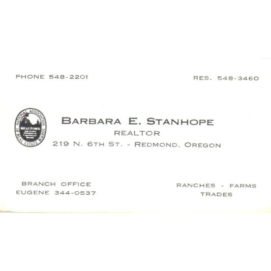 Barbara E. Stanhope Realtor Redmond OR Vintage Business Card SD8-B2