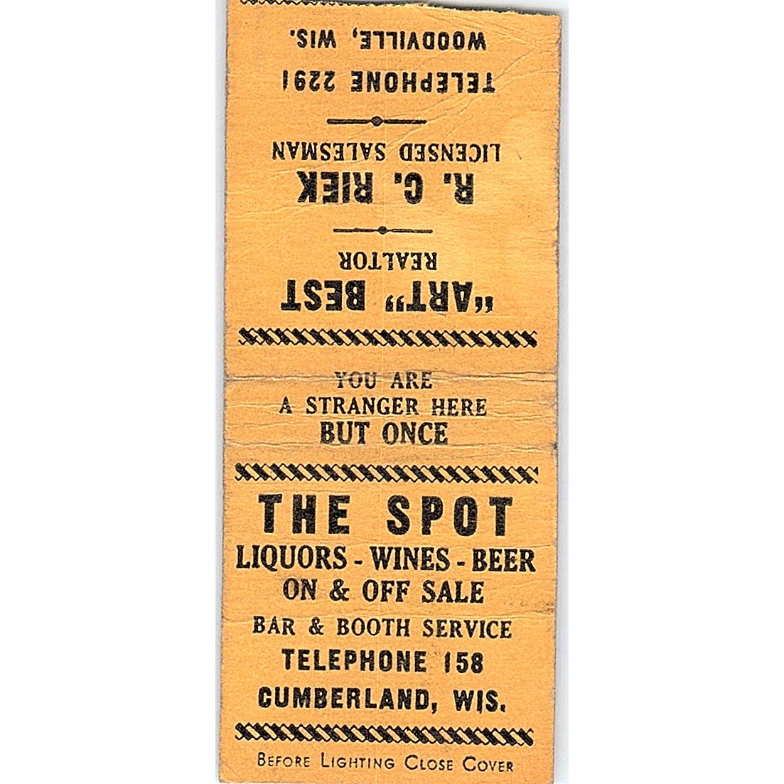 The Spot Bar Cumberland, Art Best, R.C. Riek Woodville WI Matchbook Cover SC7-Y7
