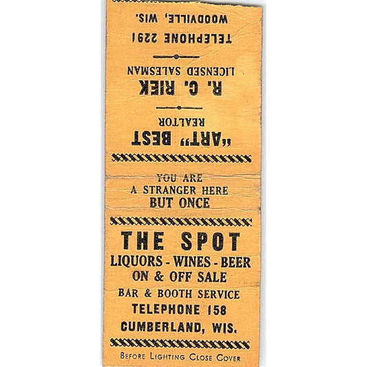 The Spot Bar Cumberland, Art Best, R.C. Riek Woodville WI Matchbook Cover SC7-Y7