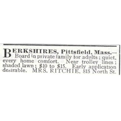 Berkshires Boarding House Pittsfield MA Mrs. Ritchie c1918 Advertisement AE5-SV2
