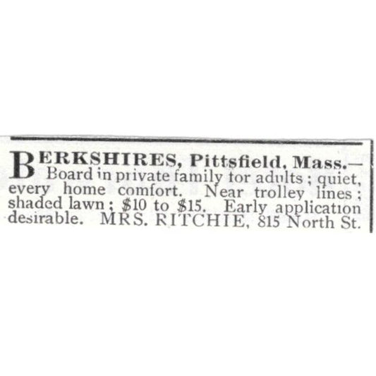 Berkshires Boarding House Pittsfield MA Mrs. Ritchie c1918 Advertisement AE5-SV2