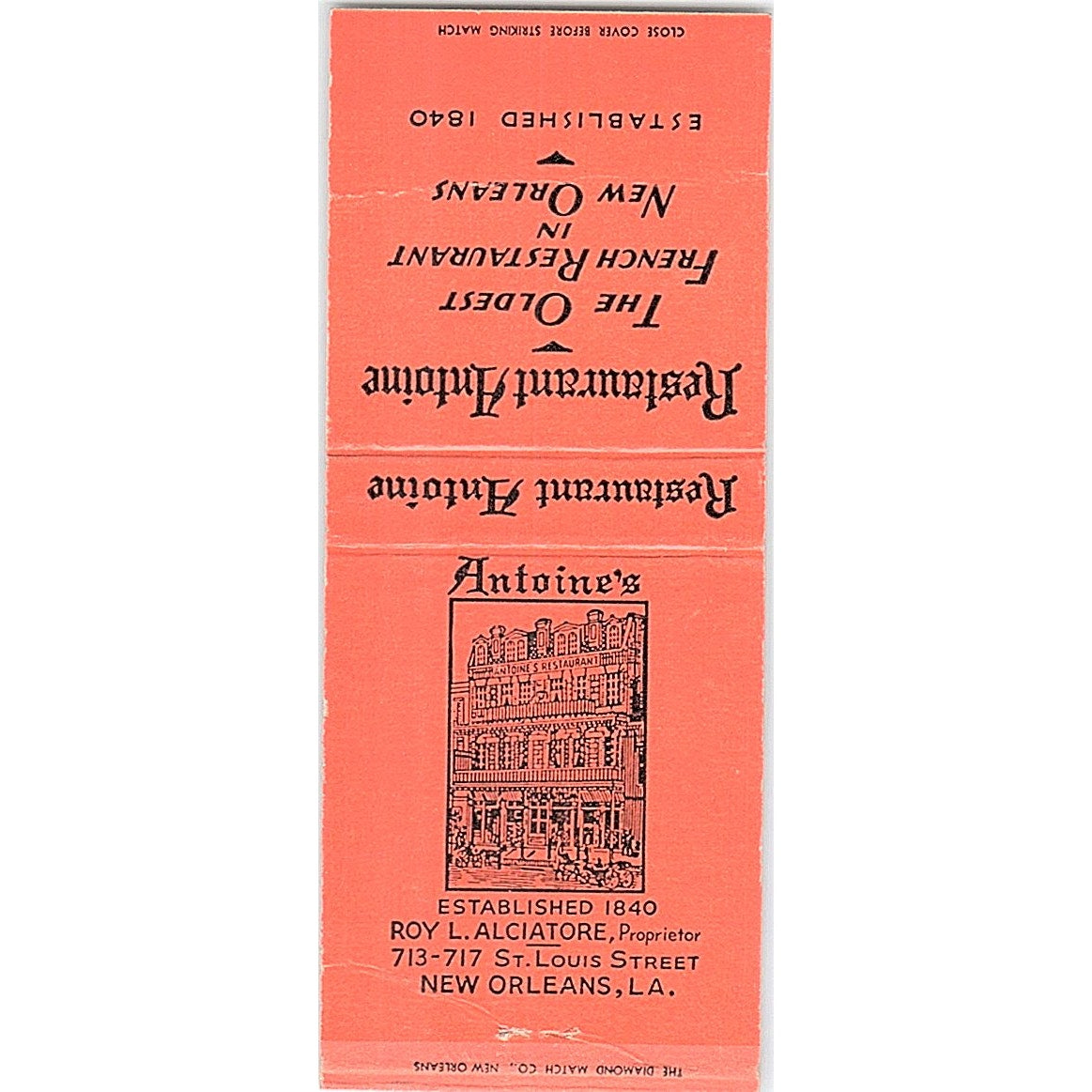 Roy L. Alciatore Antoines Restaurant New Orleans Vintage Matchbook Cover SF3-Y4