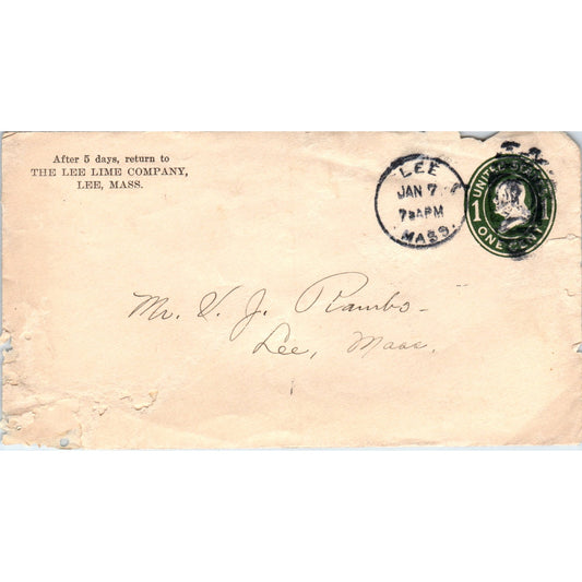 c1910 Mr. Vincent Rambo Lee Lime Company MA Postal Cover Envelope TG7-PC2