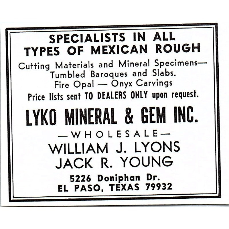 Lyko Mineral & Gem William J Lyons Jack R Young El Paso TX 1972 Ad AF8-M1