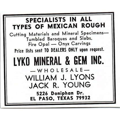 Lyko Mineral & Gem William J Lyons Jack R Young El Paso TX 1972 Ad AF8-M1