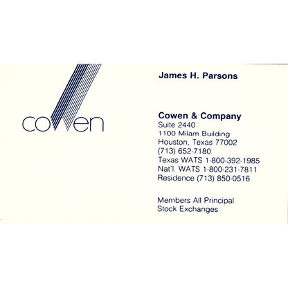 Cowen & Company James H. Parsons Houston Texas Vintage Business Card SF3-B4