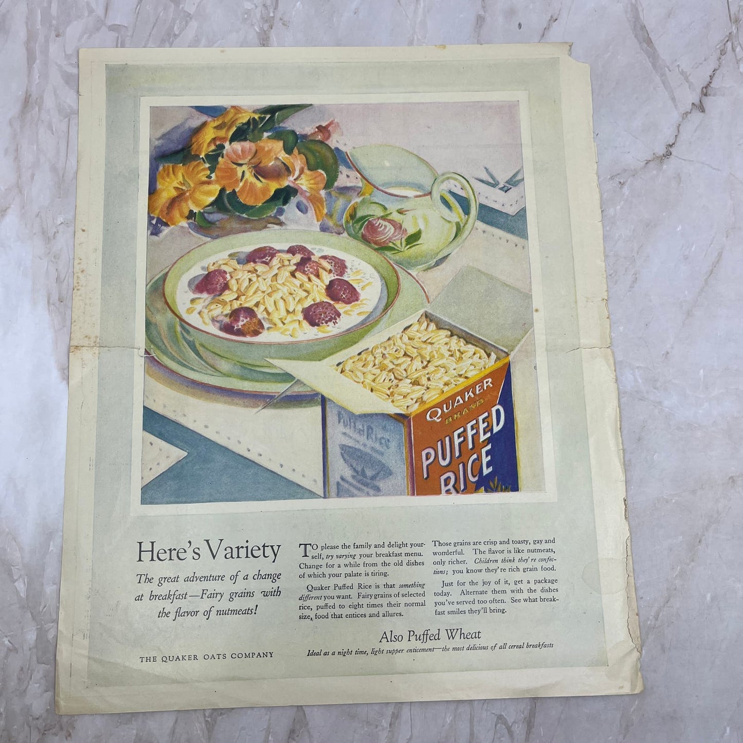 1925 Quaker Puffed Rice 10x13 Magazine Advertisement FL6-7